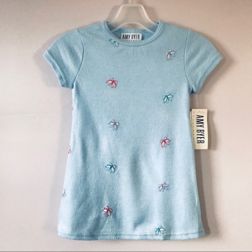 NWT Amy Byer Kids Soft Light Baby Blue Butterflies Short Sleeve Tshirt Dress